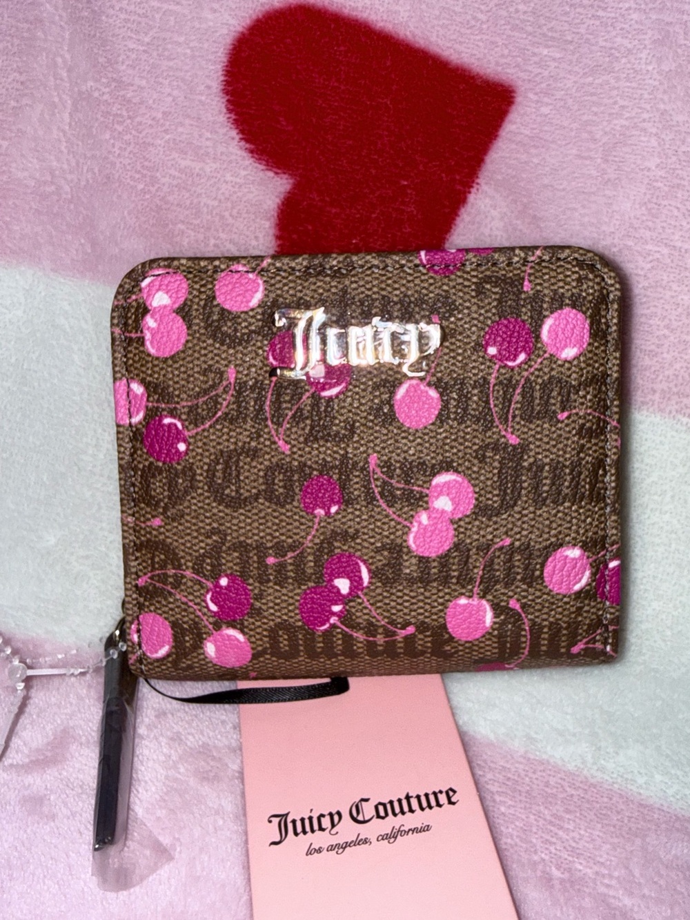 NWT Juicy Couture Pink/Chestnut Cherry Print Zip Wallet